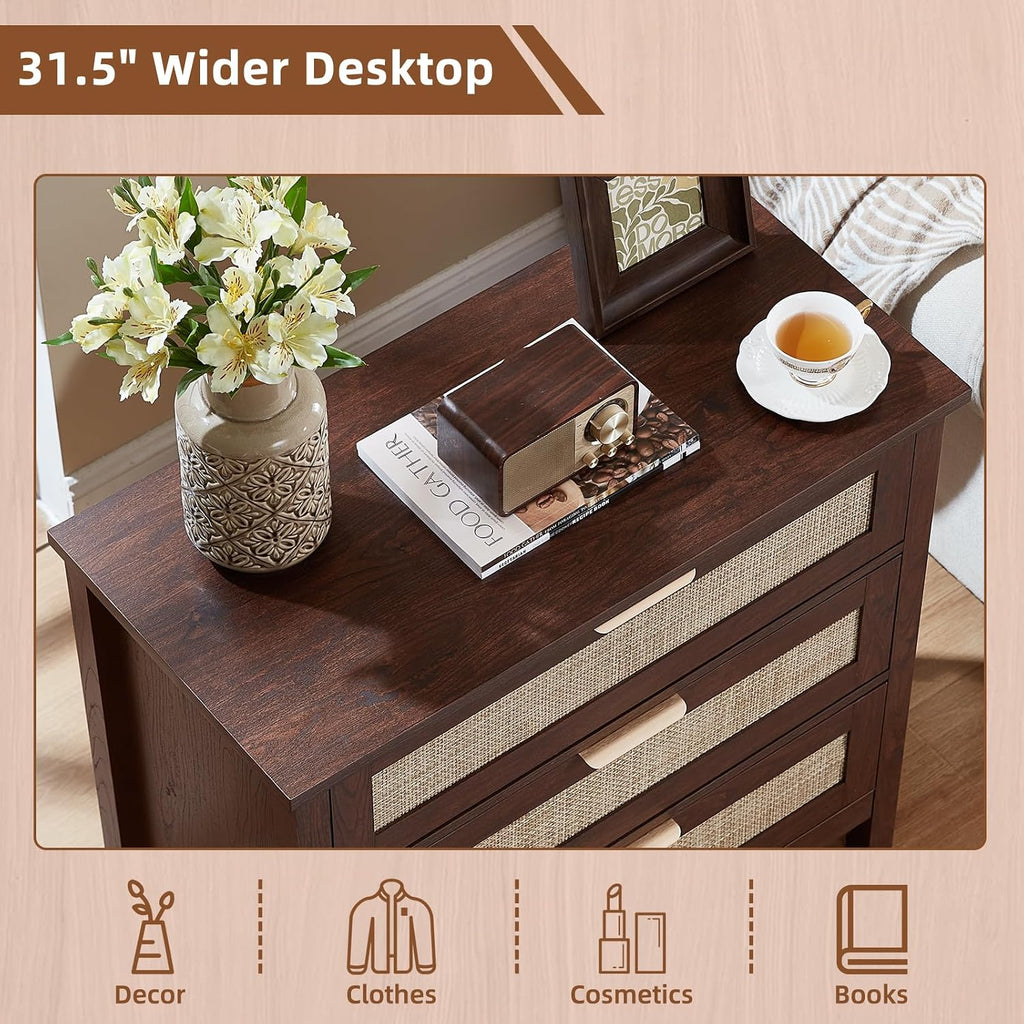 LEYAOYAO 31.5' Wide Rattan Night Stand, Large Boho Nightstand, Bedside Table with Storage, Tall Bed Side End Tables, Chest of Drawers for Bedroom, Living Room, Hallway（Walnut,3 Drawers,2）