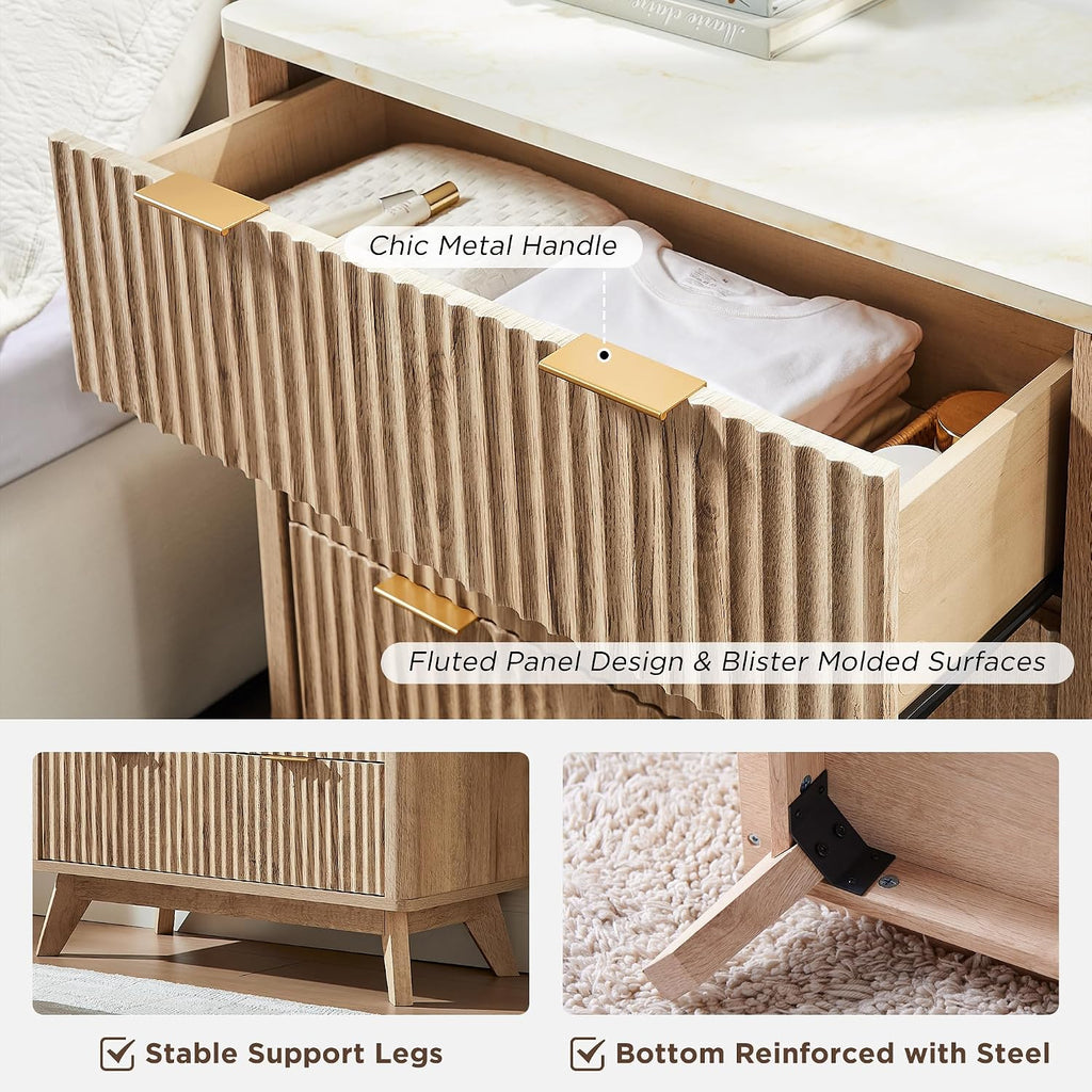 T4TREAM Fluted 3 Drawers Nightstand, Oversized Extra Large Modern Side Table with Faux Marble Top, End Table Bedside for Bedroom, Living Room, Curved Profile Design, Natural Oak | Fluted