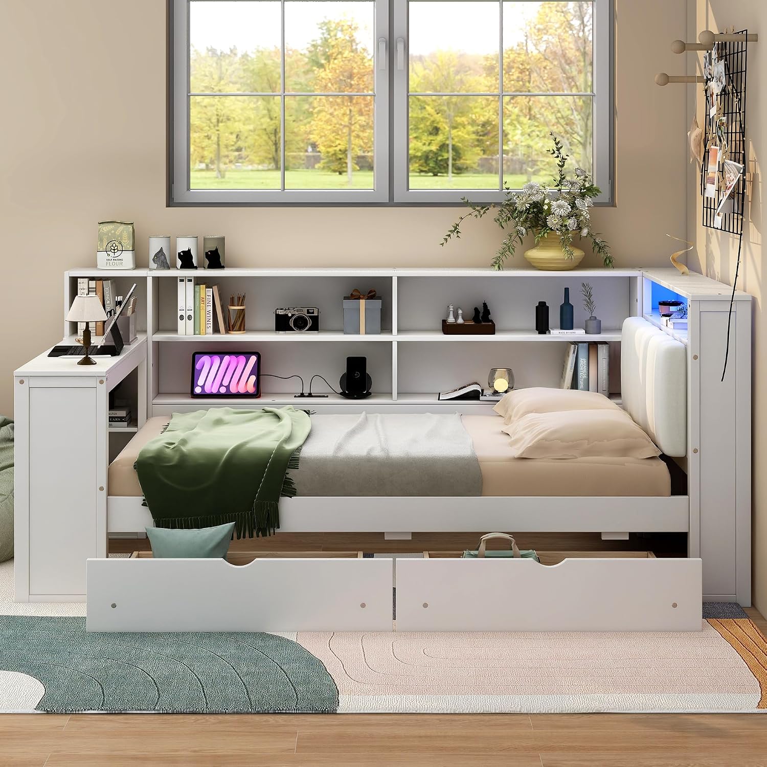 LUMISOL Twin Size Daybed with Storage Bookcase and Upholstered Headboard, Wood L Shaped Corner Day Bed Frame with Desk, Drawers, LED Light & USB Ports, Space-Saving, White