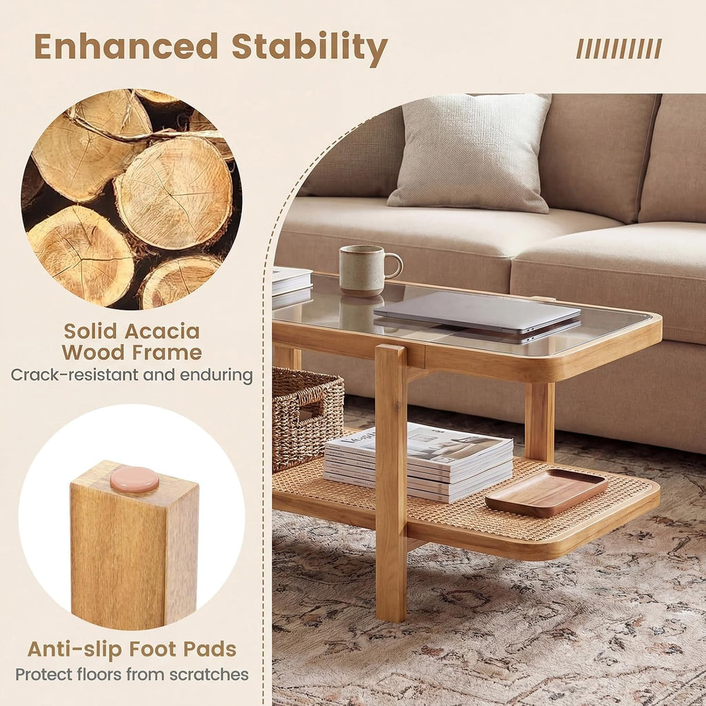 GOFLAME Rattan Coffee Table, 47.5' Solid Wood Center Table with Tempered Glass Top & Rattan Storage Shelf, Rectangular, Farmhouse, Boho, 2-Tier Mid Century Modern Tea Table for Living Room (Oak)