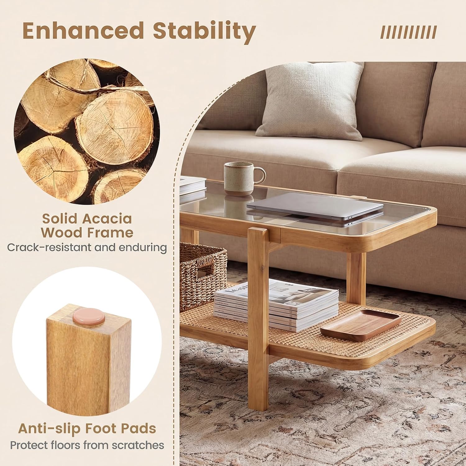 GOFLAME Rattan Coffee Table, 47.5' Solid Wood Center Table with Tempered Glass Top & Rattan Storage Shelf, Rectangular, Farmhouse, Boho, 2-Tier Mid Century Modern Tea Table for Living Room (Oak)