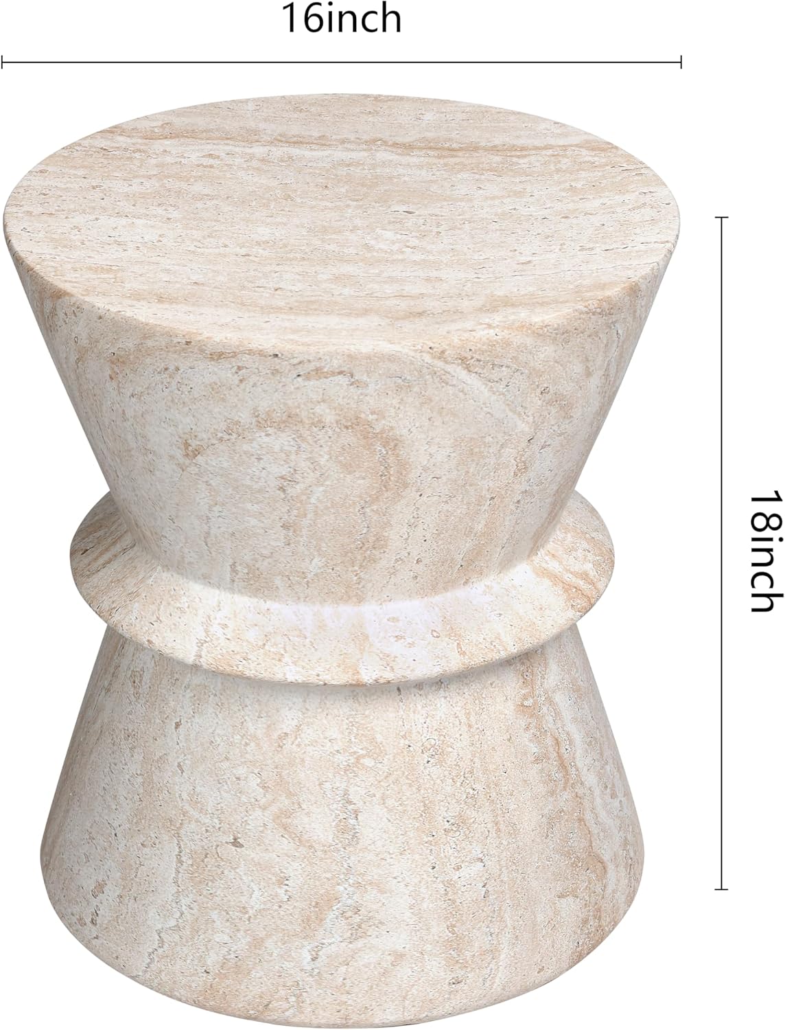 Empire Art Direct Hourglass Travertine Stone Finish Italian Design MgO Side Accent Table, Living Room, Bedroom & Office, 15.4'x15.4'x17.8'