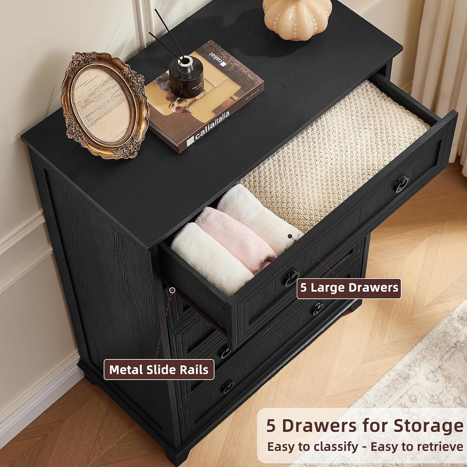 Joaxswe Farmhouse 5 Drawer Dresser for Bedroom Set of 2, 42' Tall Small Dressers & Chest of Drawers, Rustic Wood Dresser with Metal Handle, Storage Organizer Closet for Living Room, Hallway,Entryway