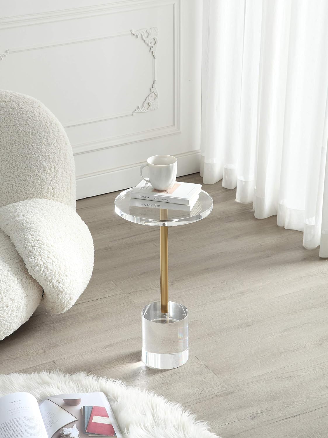 Artmaze Clear Acrylic End Table,Side Table,Brushed Brass Metal,Round,for Office, Living Room and Bedroom,Easy Assembly,12x12 inch，21.3 inch high