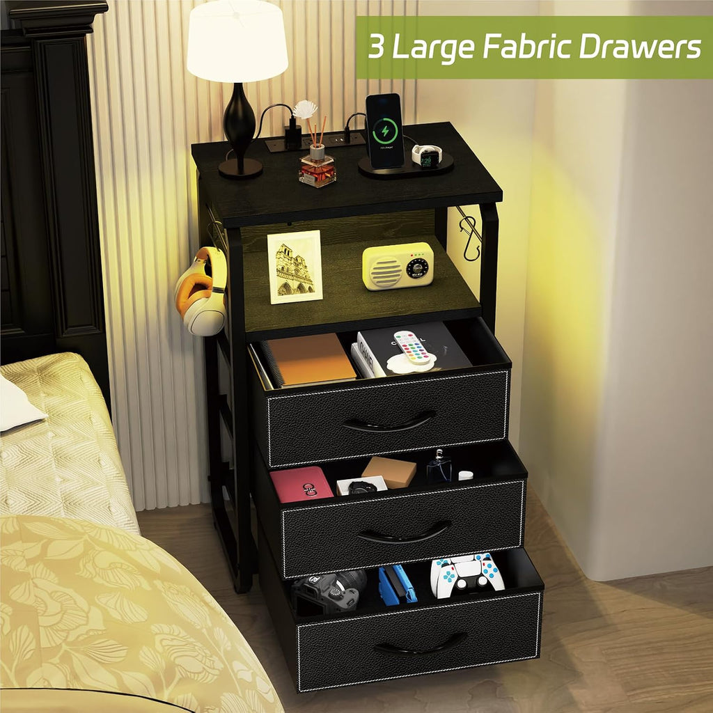 runjuly Large Nightstand Set of 2 with Charging Station, Bed Side Tables Bedroom Set of 2, Black Night Stand Set 2, Bedside Table with 3 Fabric Drawers, Night End Table with Storage for Bedroom, Dorm