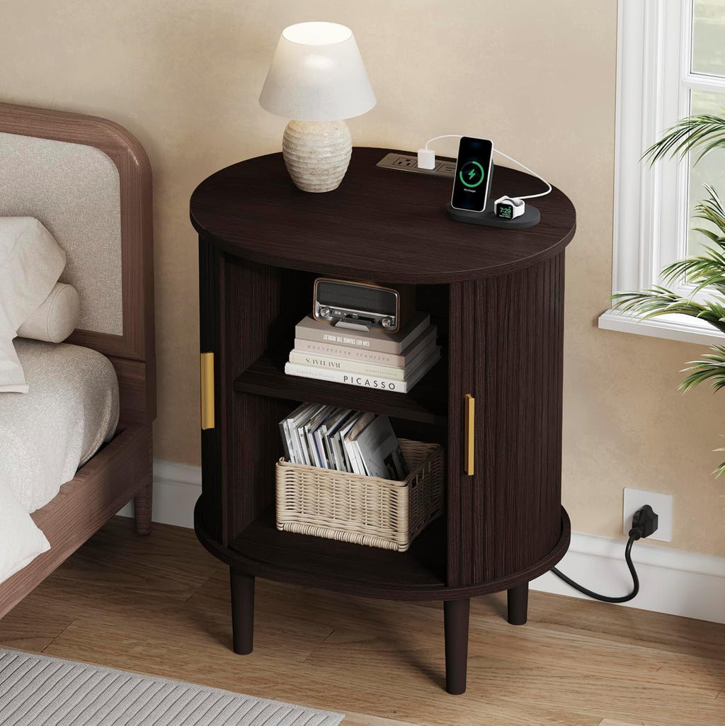 DHH Mid Century Modern Nightstand set of 2 with Charging Station, Fluted Accent Side Table with Sliding Door & Adjustable Shelf, End Table for Small Space, Living Room, Bedroom,Sofa Couch, Dark Walnut