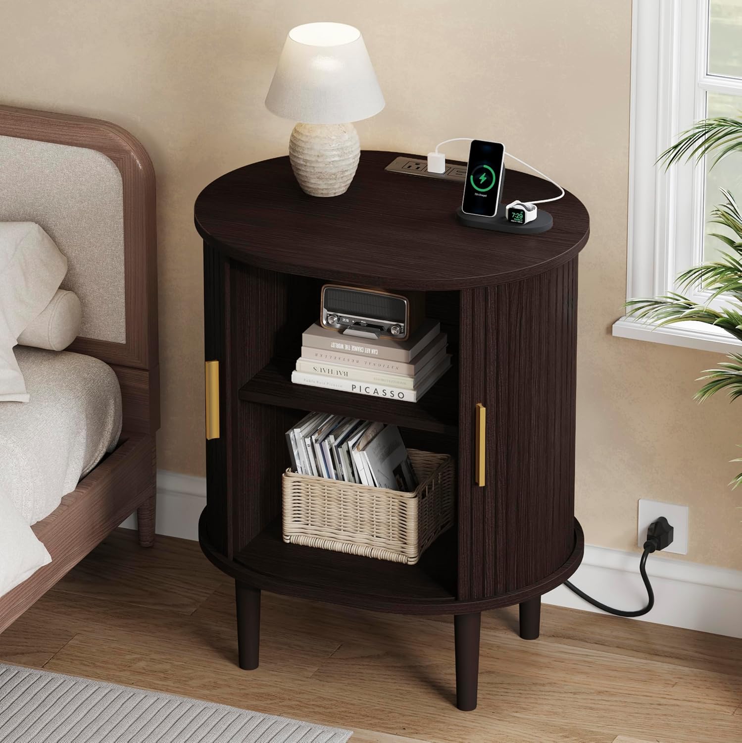 DHH Mid Century Modern Nightstand set of 2 with Charging Station, Fluted Accent Side Table with Sliding Door & Adjustable Shelf, End Table for Small Space, Living Room, Bedroom,Sofa Couch, Dark Walnut