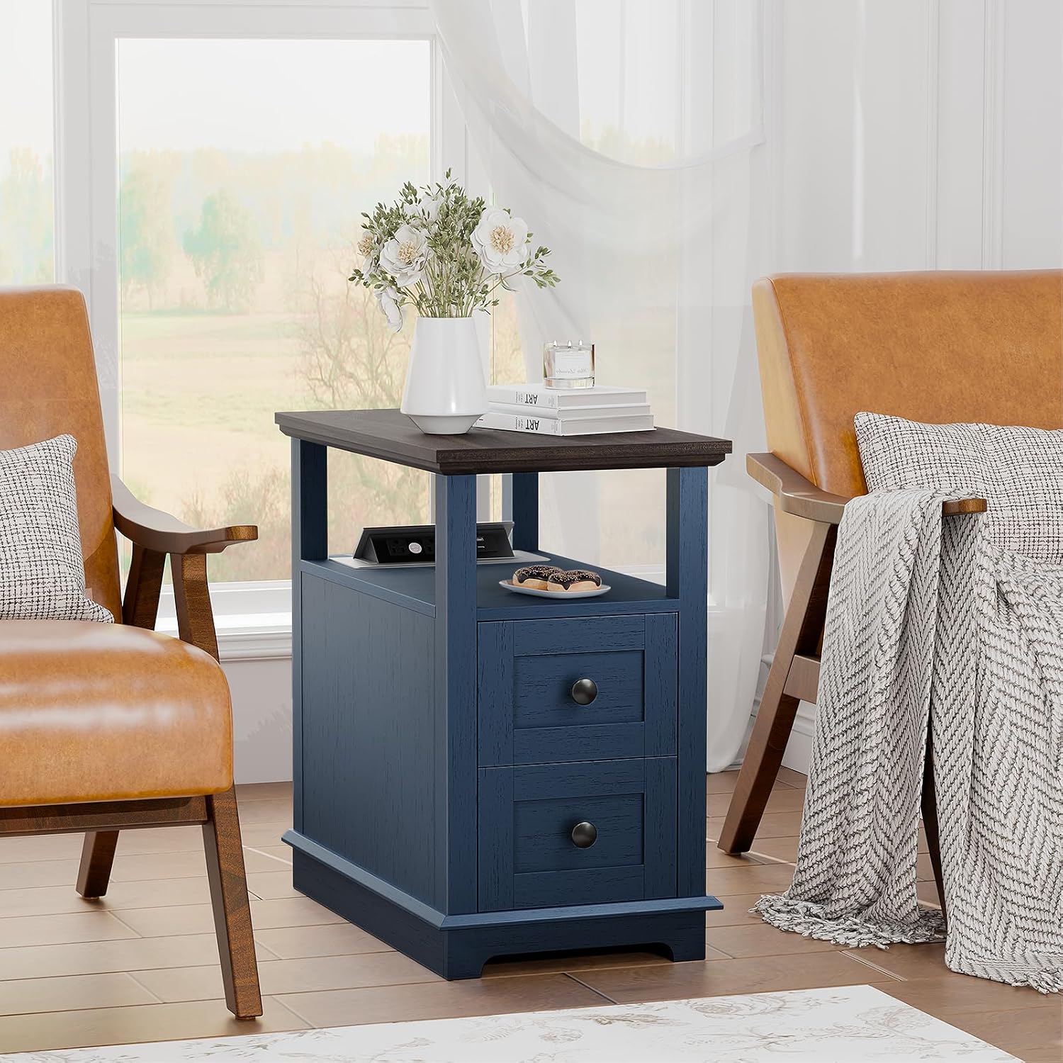 HIFYOBRO Narrow End Table with Flip Top Charging Station Set of 2, Side Table with 2 Drawers, Type-C & USB Port & Power outlets, Wooden Storage End Table for Living Room, Bedroom