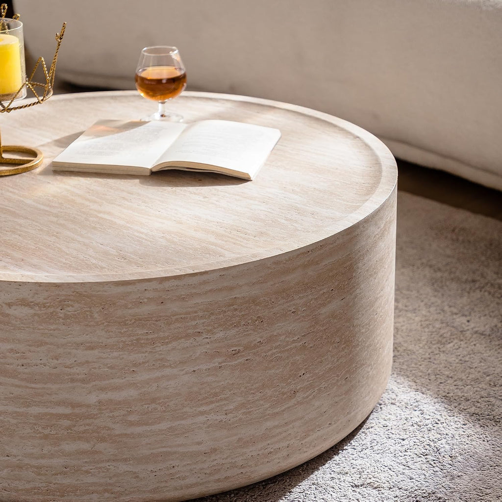 Modern Drum-Shape Coffee Table for Living Room 31.5' Round Cocktail Center Table Faux Travertine Finish Circle Coffee Tables for Home Office, Fully Assembled