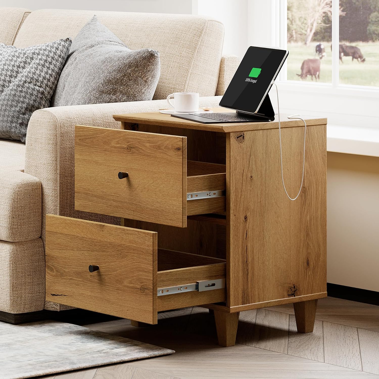 WAMPAT TV Stand with 6 Drawers for 55 Inches TVs & Set of 2 End Tables with 2 Drawers and Charging Station for Bedroom, 3 Pieces Modern Wood Living Room Funiture Table Sets, Oak Brown