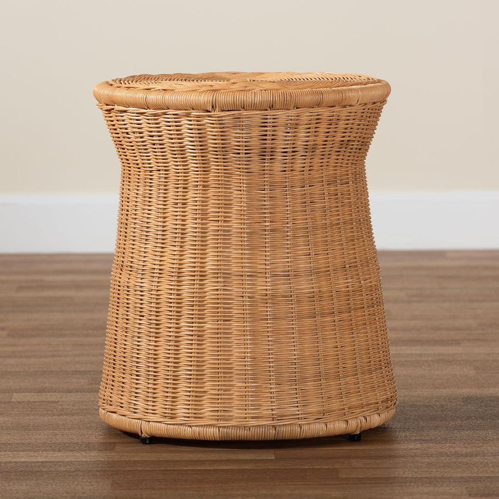 Bali & pari Caroline Round Natural Rattan End Table – Handwoven Wicker Drum Shape Accent Table for Living Room or Sunroom, Light Honey