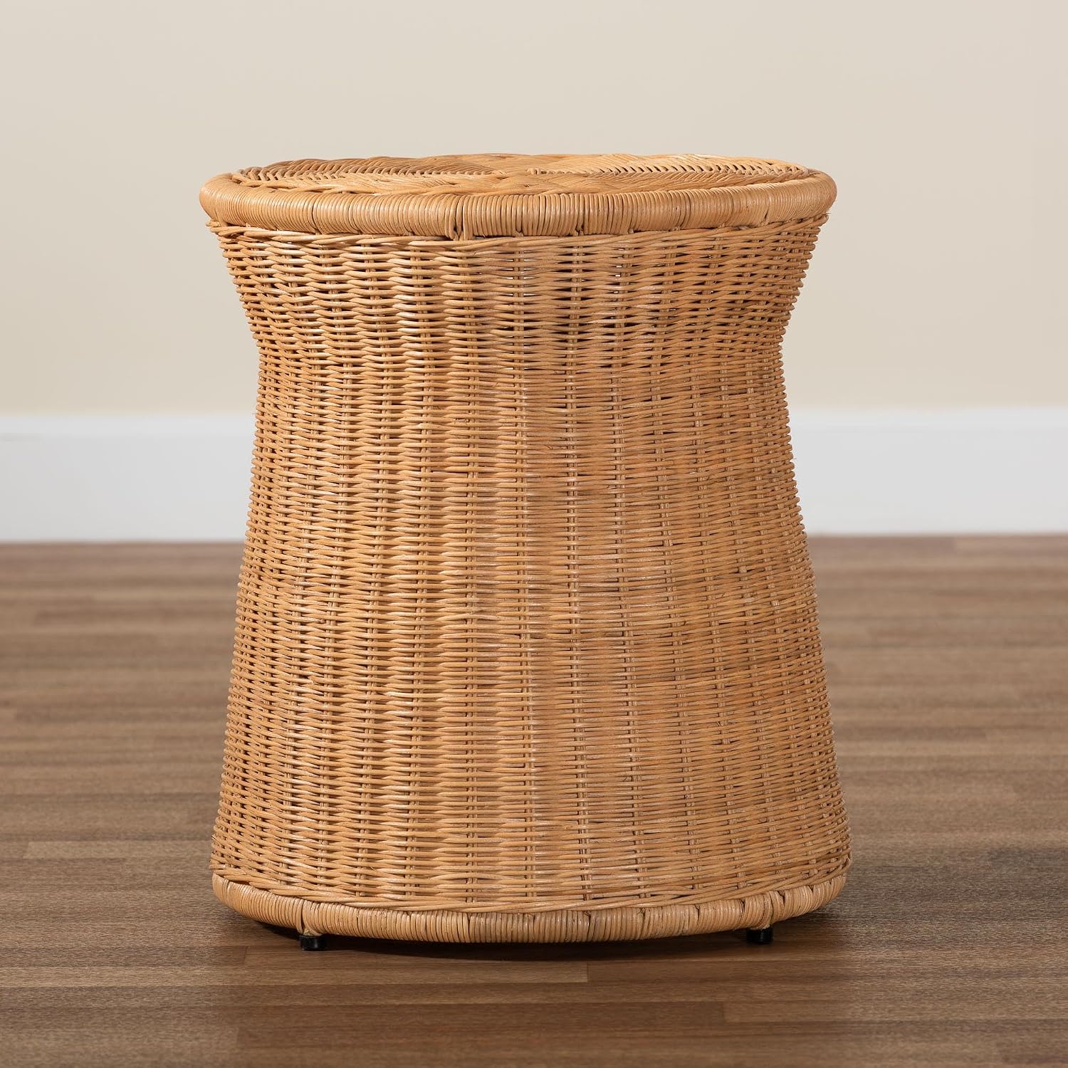 Bali & pari Caroline Round Natural Rattan End Table – Handwoven Wicker Drum Shape Accent Table for Living Room or Sunroom, Light Honey