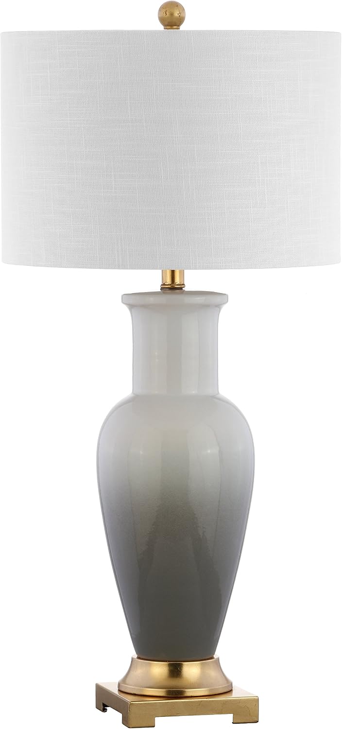 JONATHAN Y 31.5' White/Gray Dip Dye Ceramic Table Lamp for Living Room, Large Bedside Lamp for Bedroom with White Linen Drum Shade, Traditional End Table Light, LED Bulb (JYL3017B)