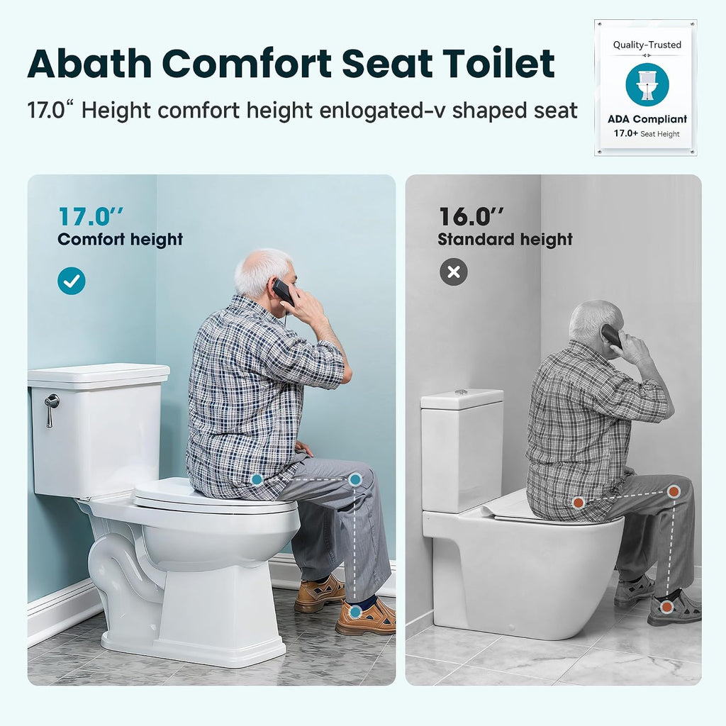 ABath 17' ADA Height Toilet Elongated with Soft Close Seat & 360° TSUNAMI Flush 1.28 GPF, WaterSense/1000g Map Certified, NANO CLEAN Ceramic, Two Piece Modern Toilets for Small Bathrooms, 12' Rough in