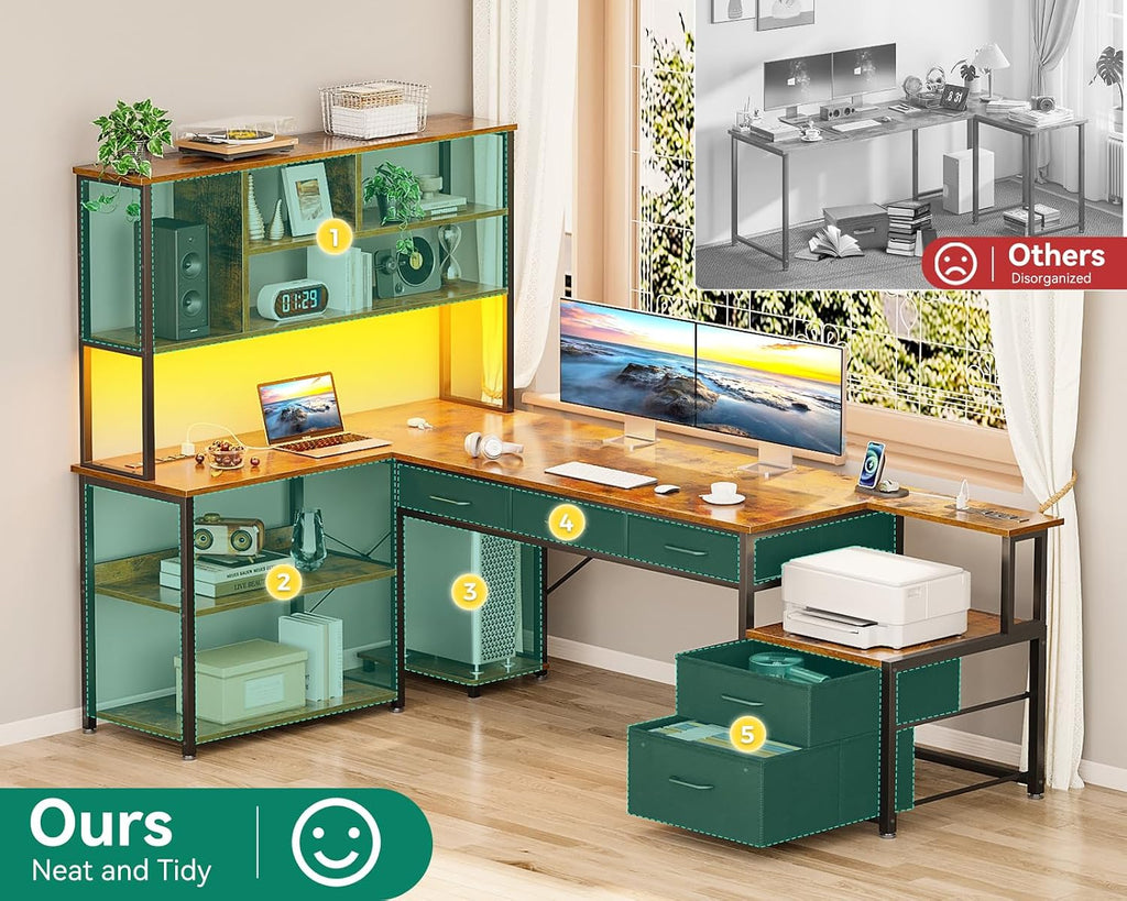 AODK 79 inch L Shaped Desk with 5 Drawers, Reversible L Shaped Gaming Desk with LED Light & 2 Power Outlets, Computer Desk with Storage Shelves for Home Office, Vintage