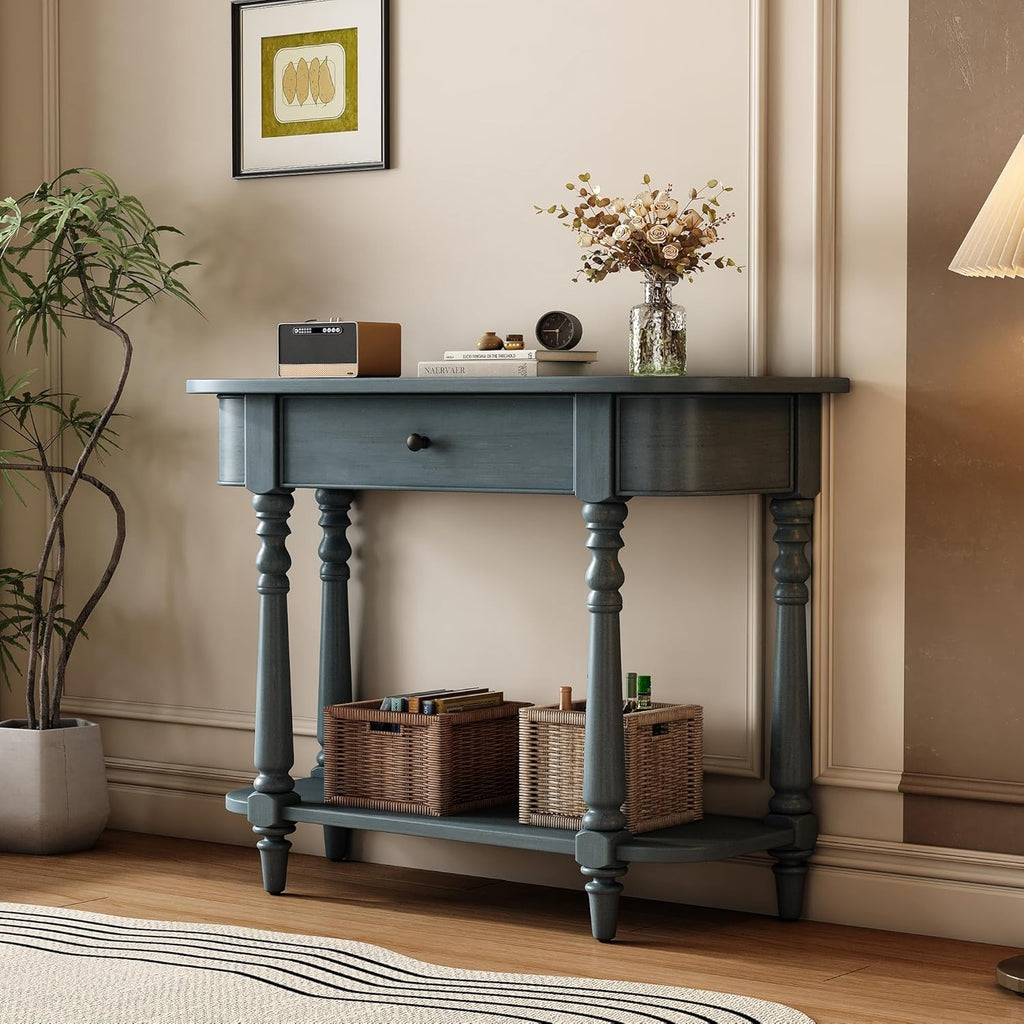 SOFTSEA Farmhouse Curved Console Table with Storage Drawer and Open Shelf, Rustic Curved Entryway Table for Living Room Hallway, 36 inch Conosle Table, Navy