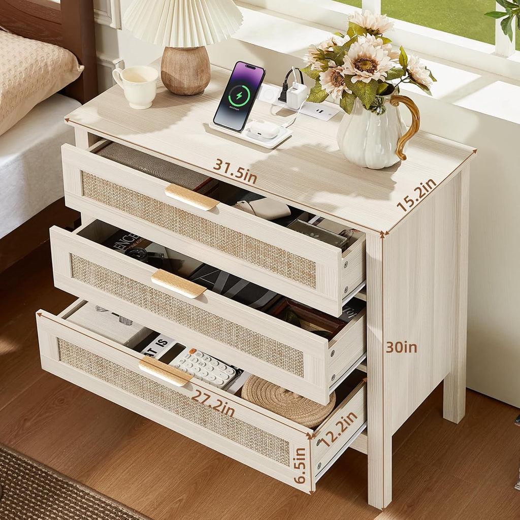 LEYAOYAO 31.5' Wide Rattan Nightstands Set of 2 with Charger Station, Large Boho 3 Drawer Night Stand, Grey White Bedside Table with Storage, Bed Side End Tables for Bedroom, Living Room, Hallway