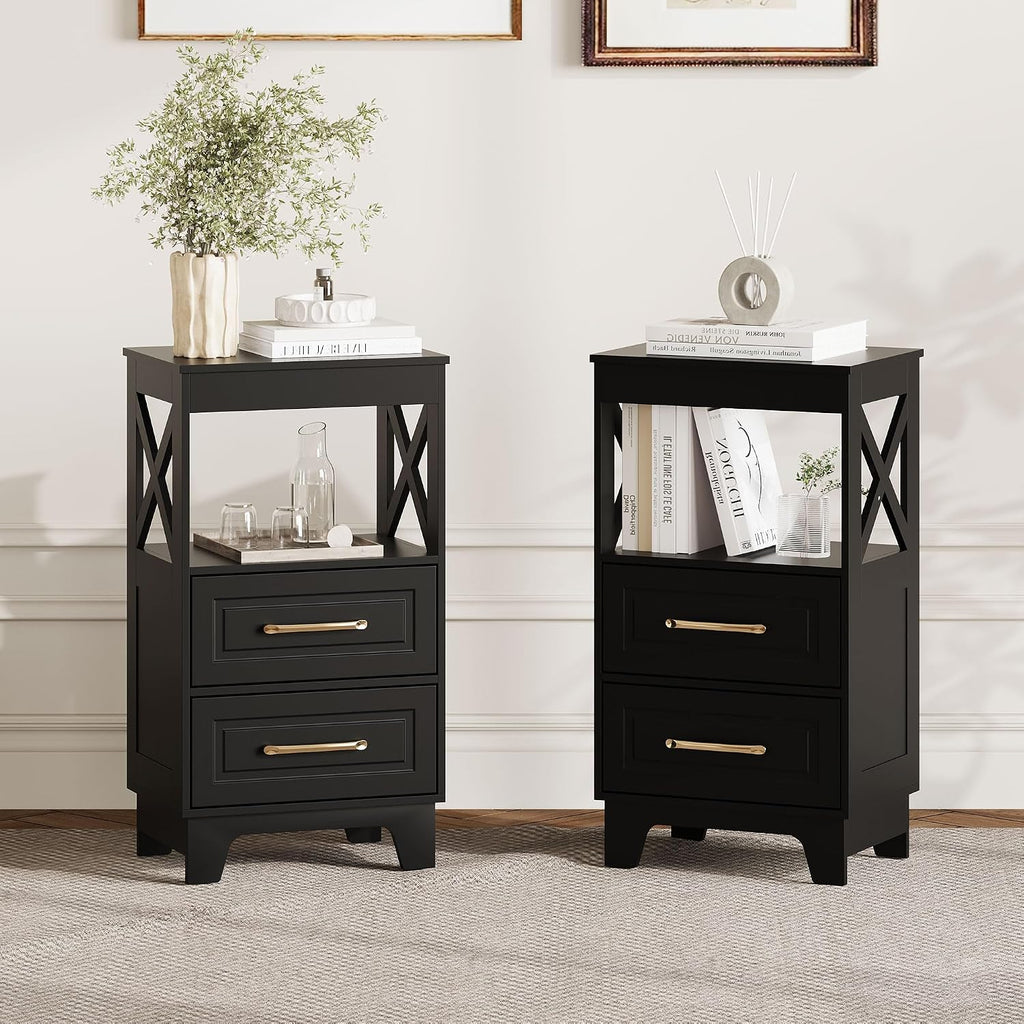 Tall Nightstand Set of 2 Side Table with 2 Drawers Modern Night Stand Wooden End Table Bedside Table with Upper Open Shelf Solid Feet for Bedroom Black