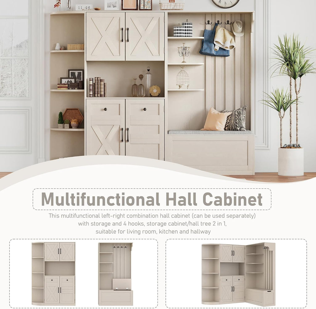 Multifunctional Hall Tree with Shoe Bench & Storage Cabinet,2-in-1 Left-Right L-Shaped Corner Entryway Cabinets with Coat Rack & Open Shelves,Modern Storage Organizer for,Living Room (Beige)