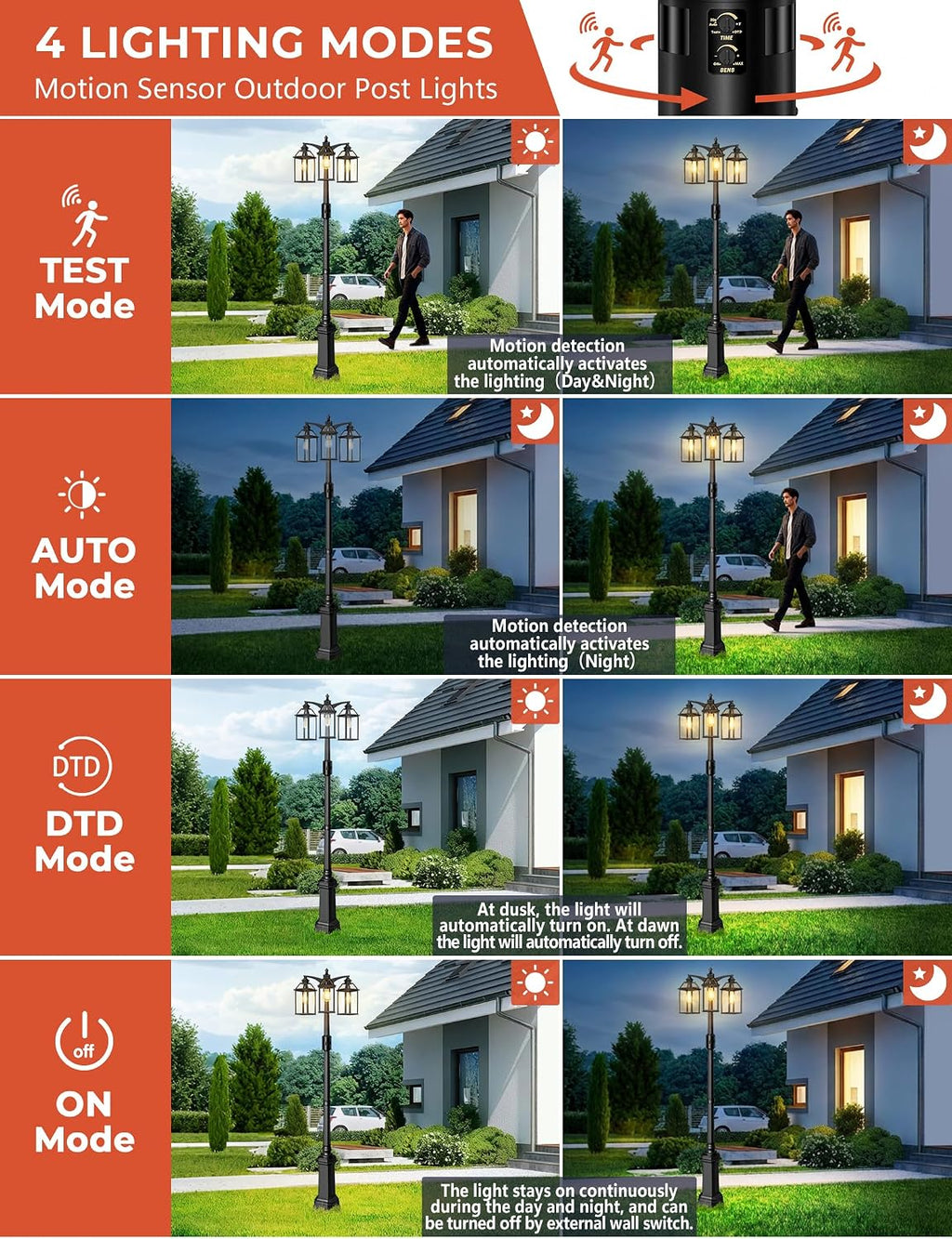 Outdoor Lamp Post Motion Sensor, Dusk to Dawn Pole Lights 3-Head, Classic Black 360°Detection Waterproof Anti-Rust Aluminum Street Lighting for Yard Backyard Patio Driveway