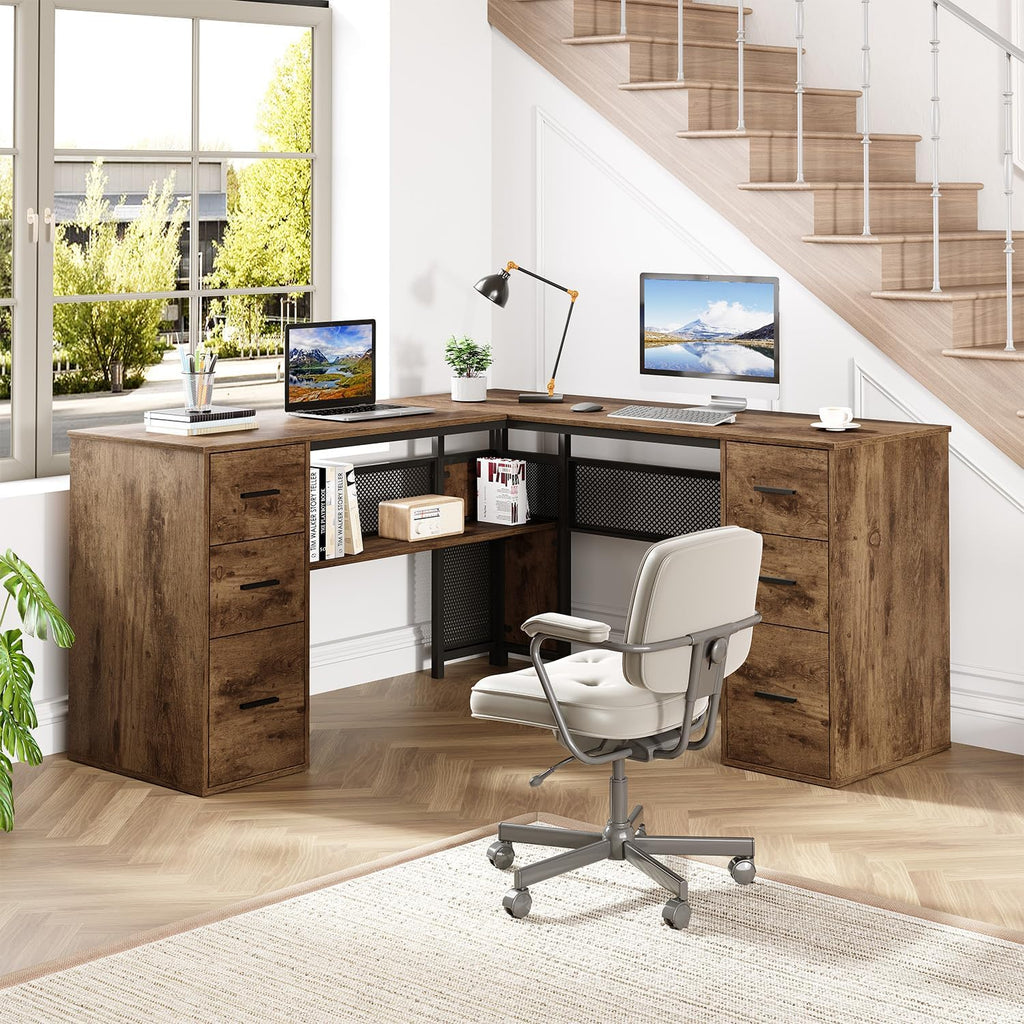 HSH L Shaped Computer Desk with File Drawers, Large Metal Wood L Shape Table with Storage Cabinet Shelves, Reversible Corner Home Office Executive Writing Study Workstation Desk, Rustic Brown, 59 Inch