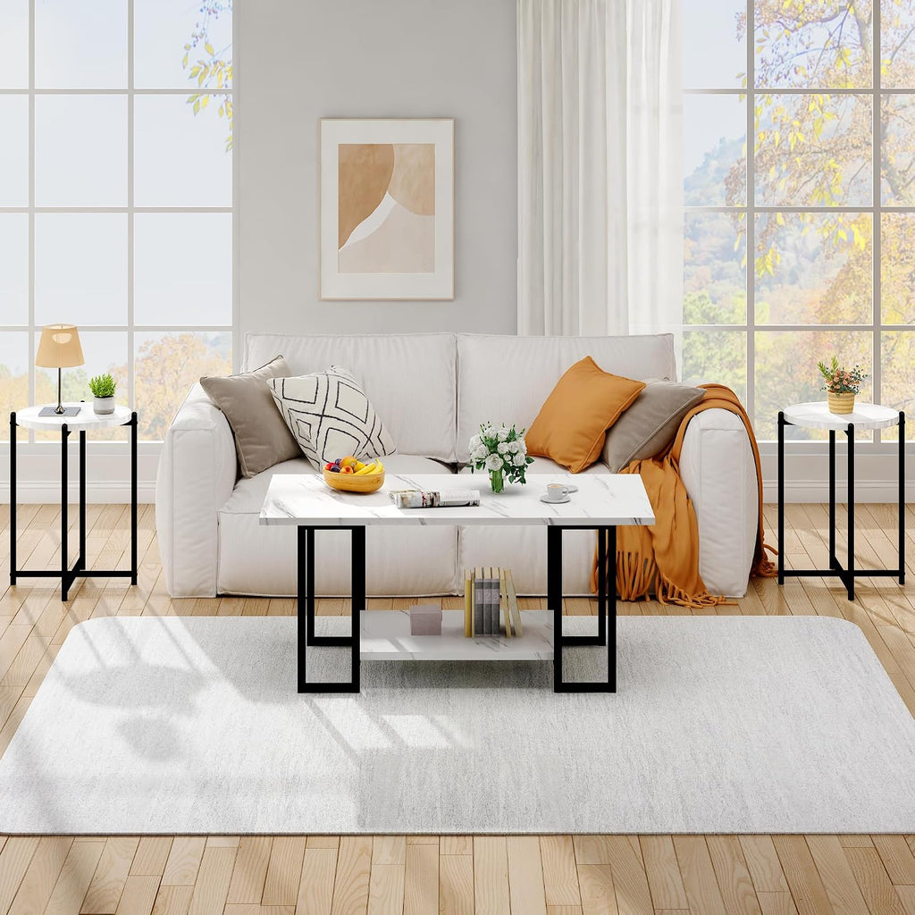 Hooseng Coffee Table Set of 3 Coffee Table and end Table Sets, Modern Living Room Table Set with Metal Frame for Apartment Home Office White Black