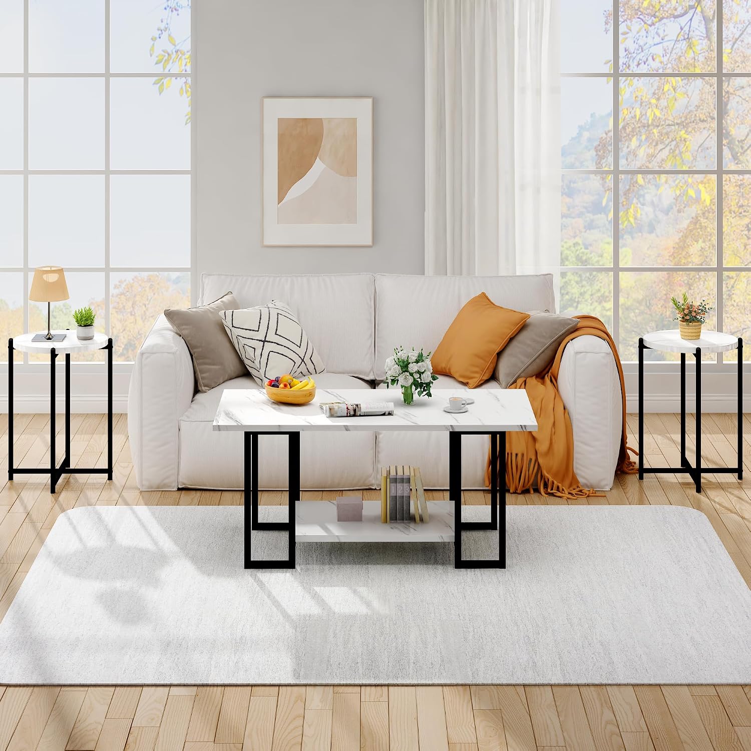 Hooseng Coffee Table Set of 3 Coffee Table and end Table Sets, Modern Living Room Table Set with Metal Frame for Apartment Home Office White Black