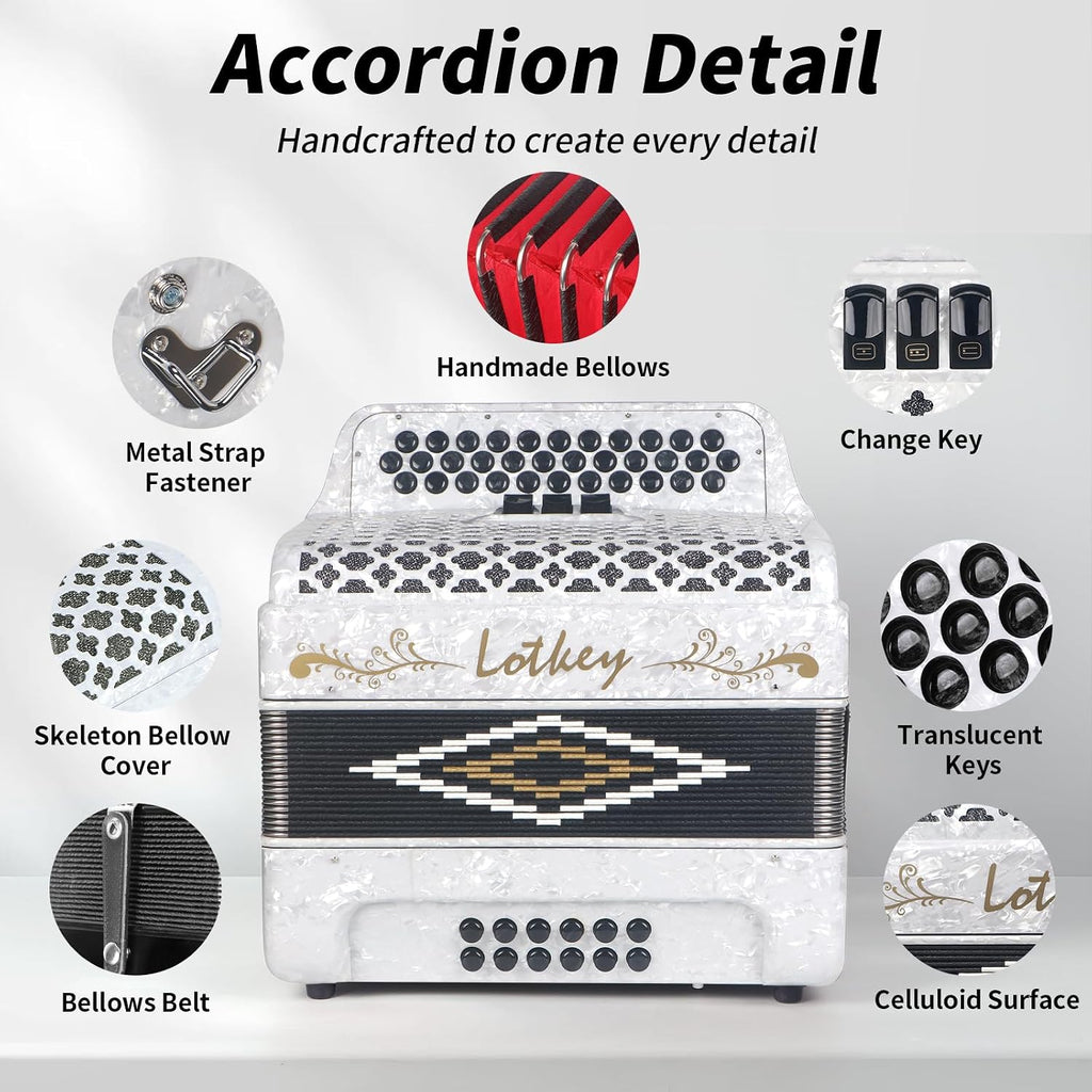 Lotkey 34 Key Diatonic Accordion, 3412 Multi Tone Celluloid Accordions Louder Clearer Timbre than Plastic for Adult, Beginner, Professional with Updated Bag, Straps, Acordeón Wrist Guard (FBE White)
