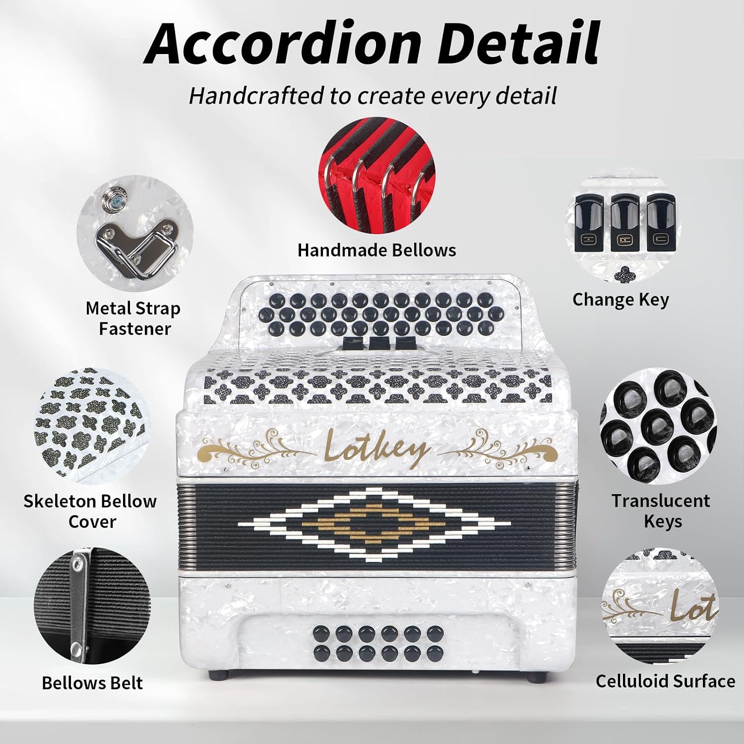 Lotkey 34 Key Diatonic Accordion, 3412 Multi Tone Celluloid Accordions Louder Clearer Timbre than Plastic for Adult, Beginner, Professional with Updated Bag, Straps, Acordeón Wrist Guard (FBE White)