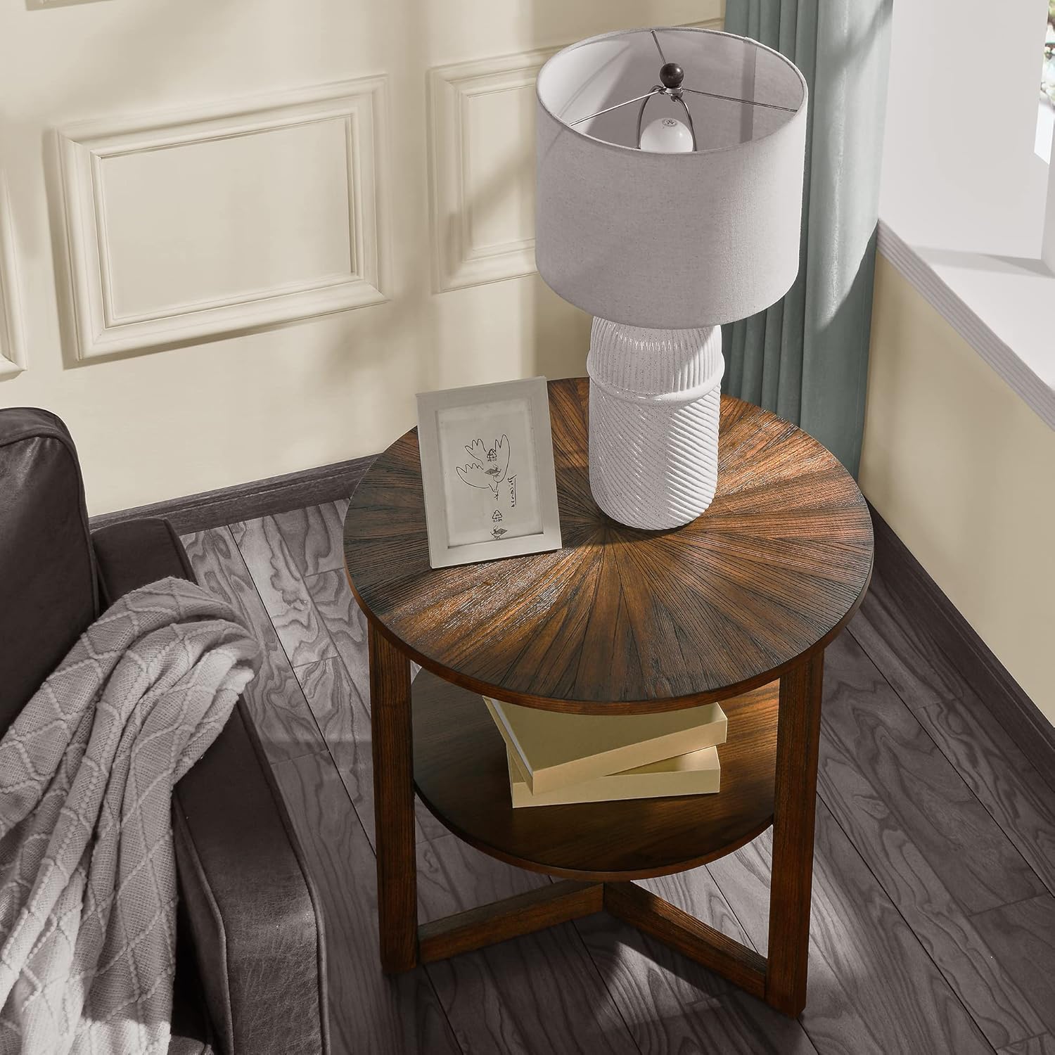 Large Round End Table with Storage Shelf, 25.2' Dia Rustic Beside Tables with Umbrella Top, Traditional Circular Sofa Side Table-,Telephone Table for Living Room Easy Assembly, Vintage Brown CJZ3338NC