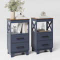 Tall Nightstand Set of 2 Side Table with 2 Drawers Modern Night Stand Wooden Rustic End Table Bedside Table with Upper Open Shelf Solid Feet for Bedroom Navy Blue+Walnut