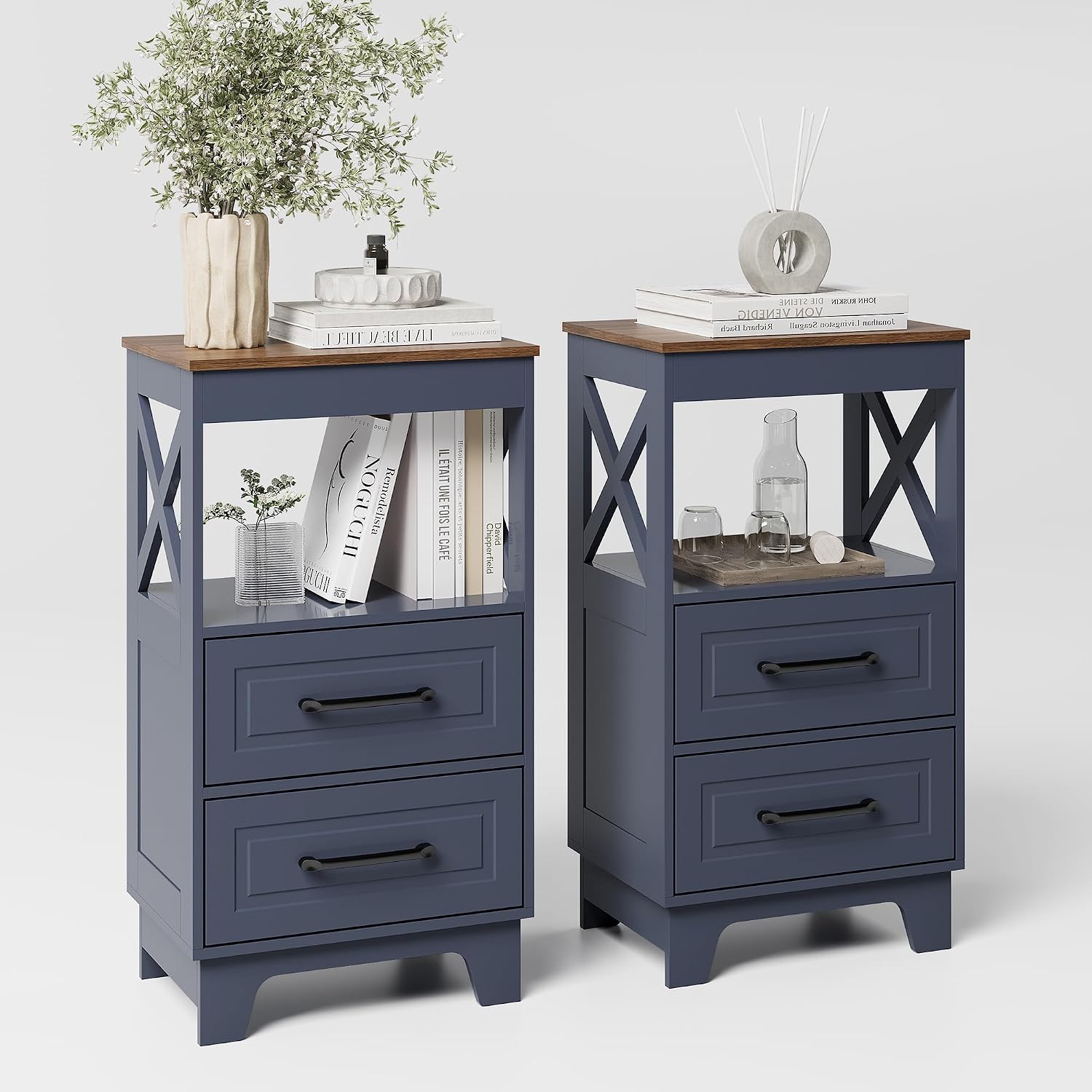 Tall Nightstand Set of 2 Side Table with 2 Drawers Modern Night Stand Wooden Rustic End Table Bedside Table with Upper Open Shelf Solid Feet for Bedroom Navy Blue+Walnut