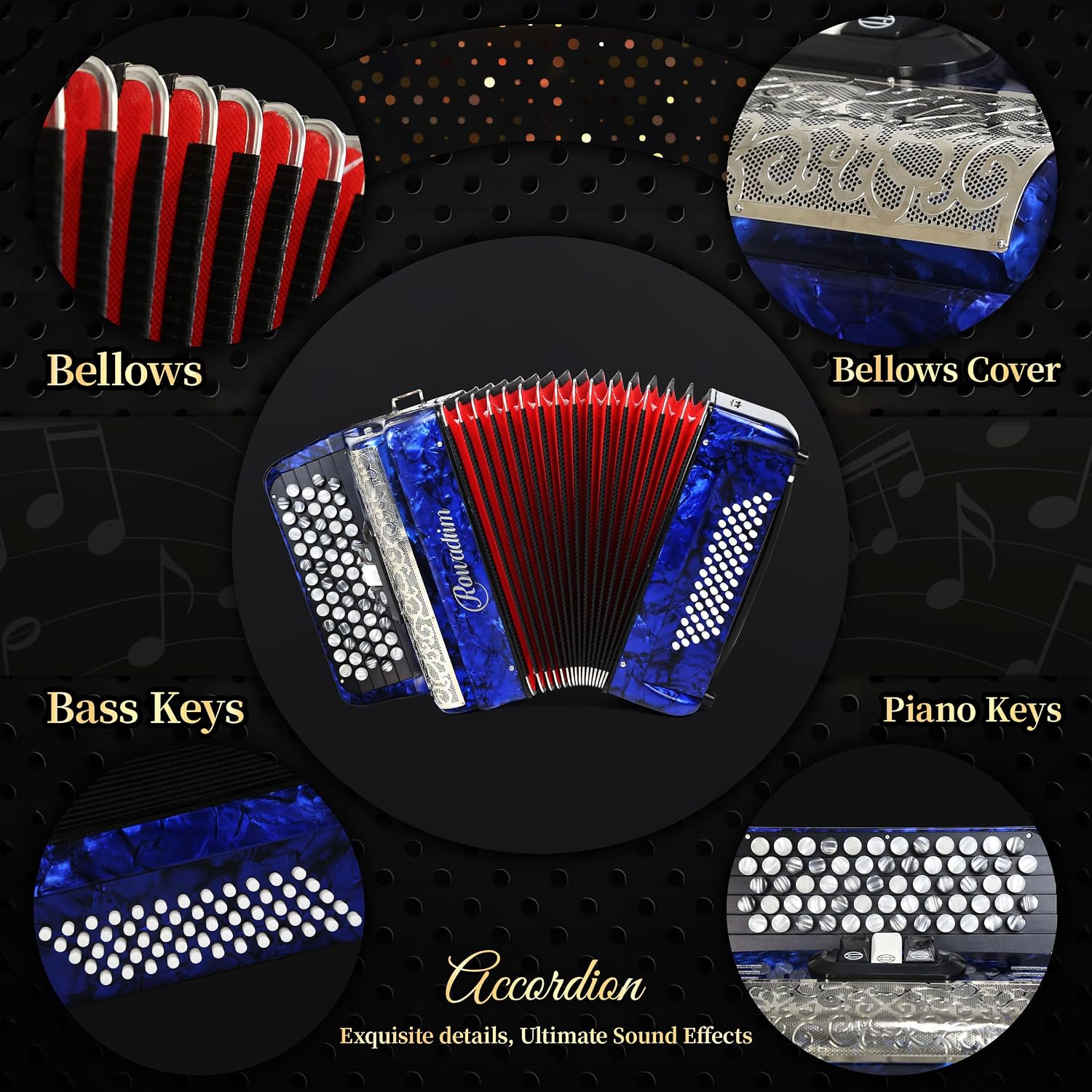 Accordion - 62 Key 60 Bass Professional Piano Model with Backpack & Strap | Lightweight, Portable Design for Beginners, Students & Adult Musicians (Blue)