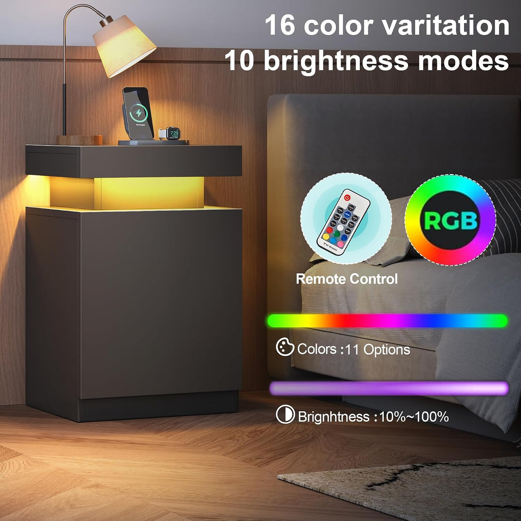 MXV Nightstand with LED Lights & Charging Station, Black Bedside Tables with USB Ports, Storage Cabinet & Drawers for Bedroom, Modern End Tables for Living Room