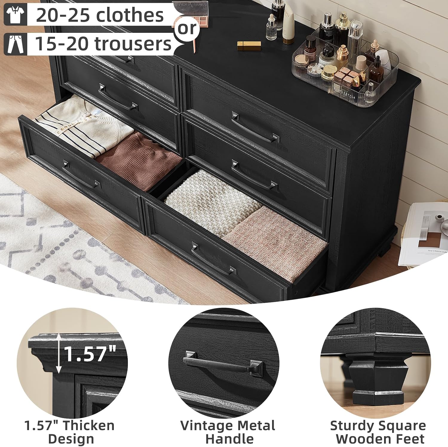 SAVOR LIFE Farmhouse Black 6 Drawer Dresser for Bedroom, 54 inch Wide Vintage Large Chest of Drawers with Square Wood Legs, Rustic TV Console for Living Room, Wooden Storage Closet Dressers for Home