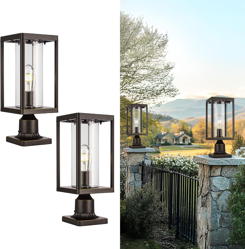 Beionxii Outdoor Post Lights, 20in Post Lantern with Pier Mount Base, Aluminum Street Lights with Glass, Fence Post Deck Lighting for Garden, Patio, Pathway, BXA291-P-2PK-O (NOT Solar, 110-120V AC)