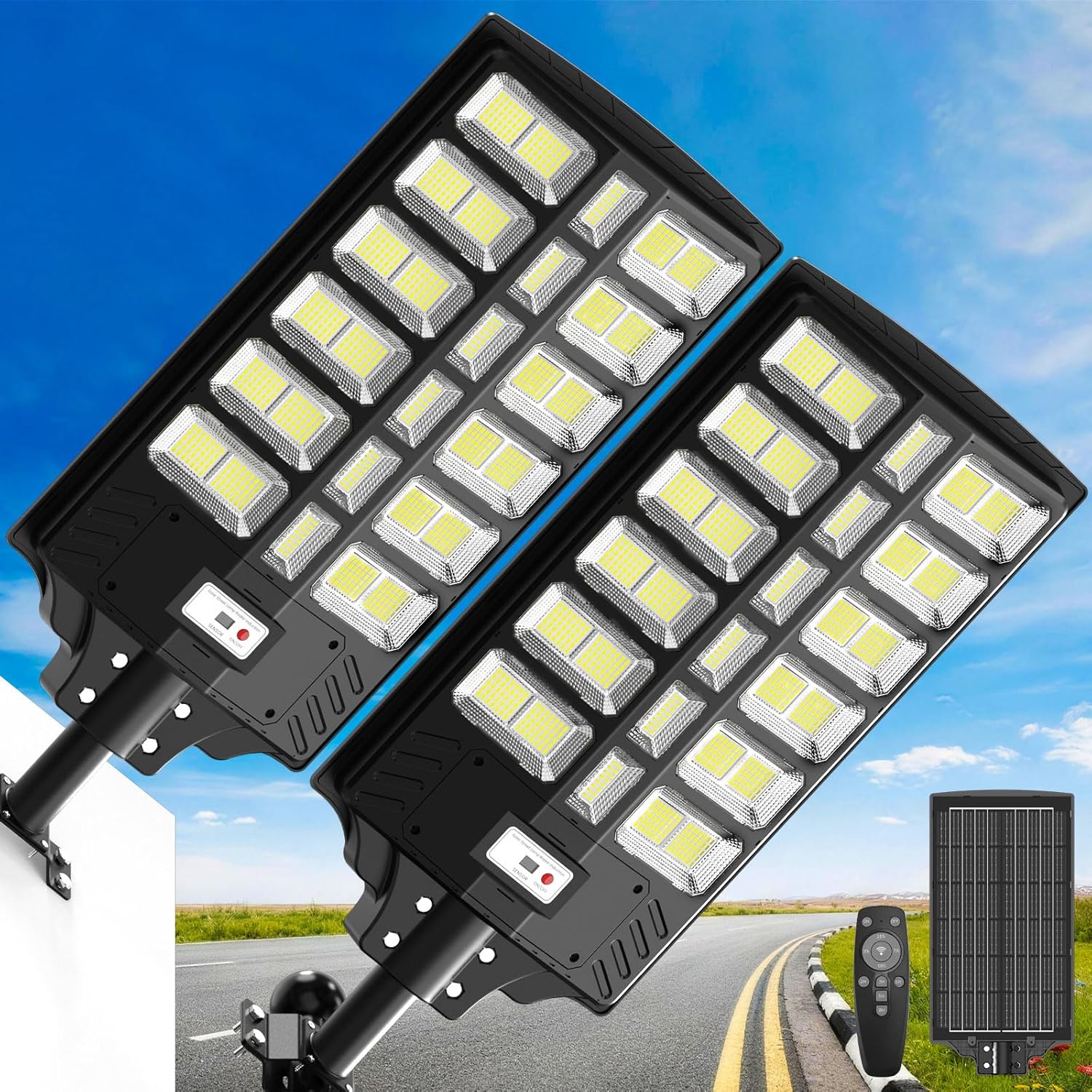 10000W Solar Street Lights Outdoor, Large Solar Powered Street Light Waterproof with Motion Sensor and Remote Control, 6500K Commercial Security Flood Lighting for Parking Lot, Yard, 2 Pack