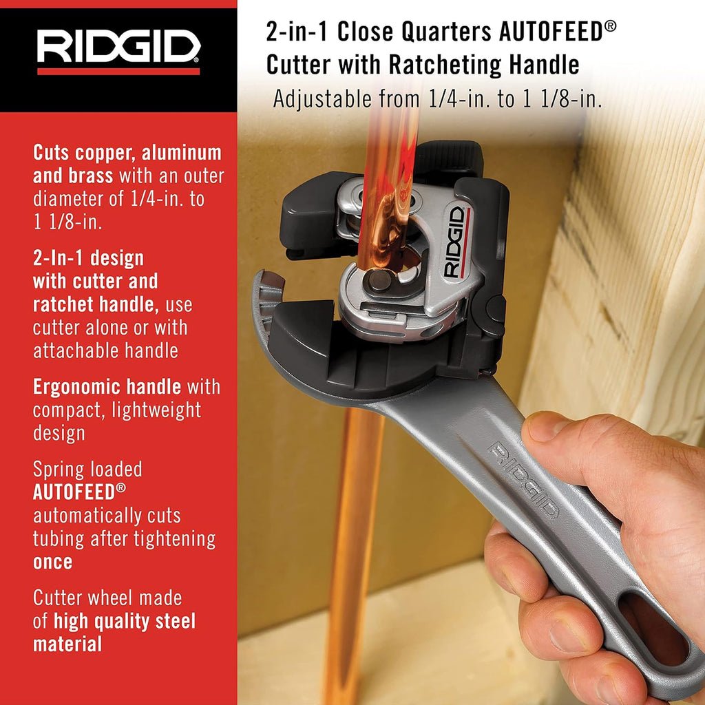 RIDGID 32573 Model 118 2-in-1 Close Quarters AUTOFEED 1/4' to 1-1/8' Metal Tubing Compact Cutter & 29963 Model 35S 1/4' to 1-3/8' Stainless Steel Tubing Cutter with X-CEL Knob, Silver, Small