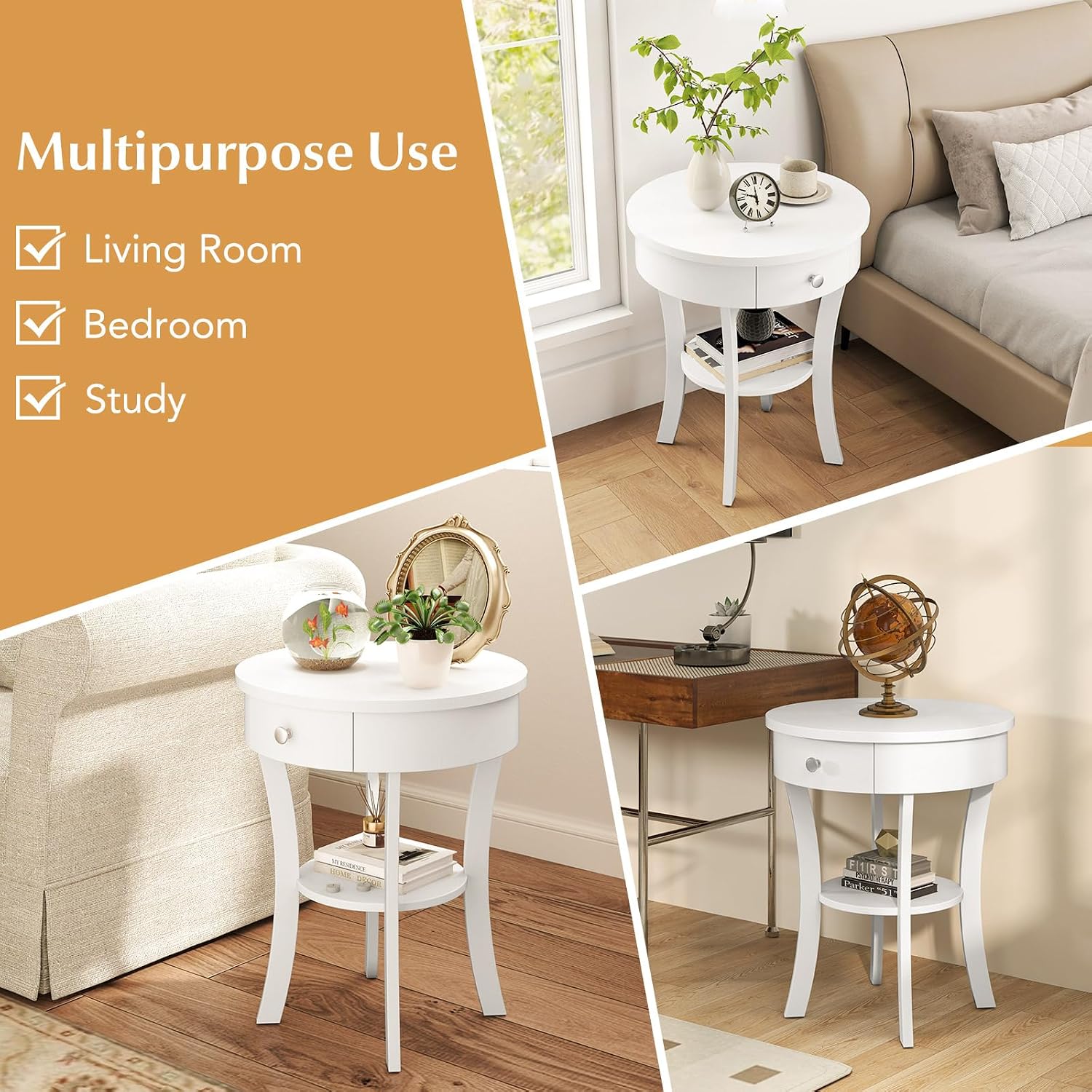GOFLAME Round End Table with Drawer Set of 2, Sofa Side Table with Solid Wood Legs, Open Storage Shelf, Vintage Accent Table, Display Table, 2-Tier Compact Nightstand for Living Room, White