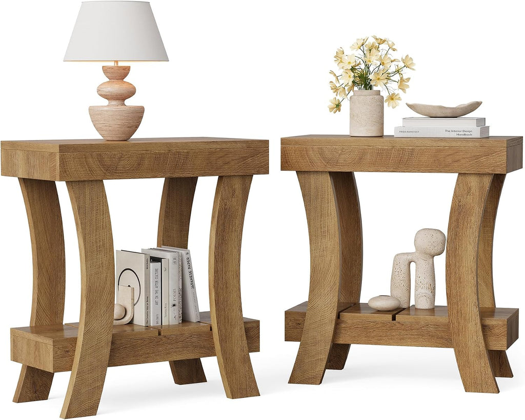 LITTLE TREE Narrow Side Table with Storage Shelf, Set of 2 Rectangular End Table with Wood Legs, Small Night Stand for Bedroom, Living Room, Small Spaces, 11.81' D x 23.62' W x 23.62' H