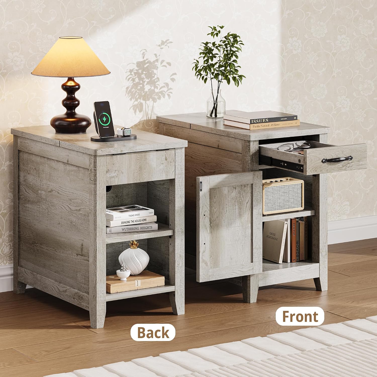 IRONCK End Table with Charging Station, Narrow Side Table for Living Room, Night Stand Set of 2 with Drawer and Cup Holder, Farmhouse Bedside Table with USB Ports and Outlets for Home, Beige Maple