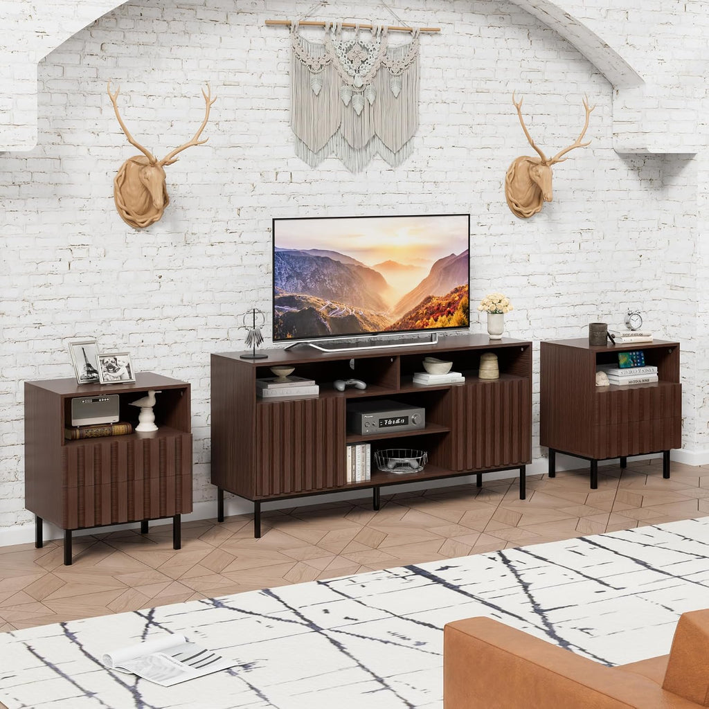 UEV Mid Century Modern 3-Piece Living Room Set, Includes Fluted Panels TV Stand with Storage for Up to 65 inch TV, 2 Drawer Open Shelf End Tables