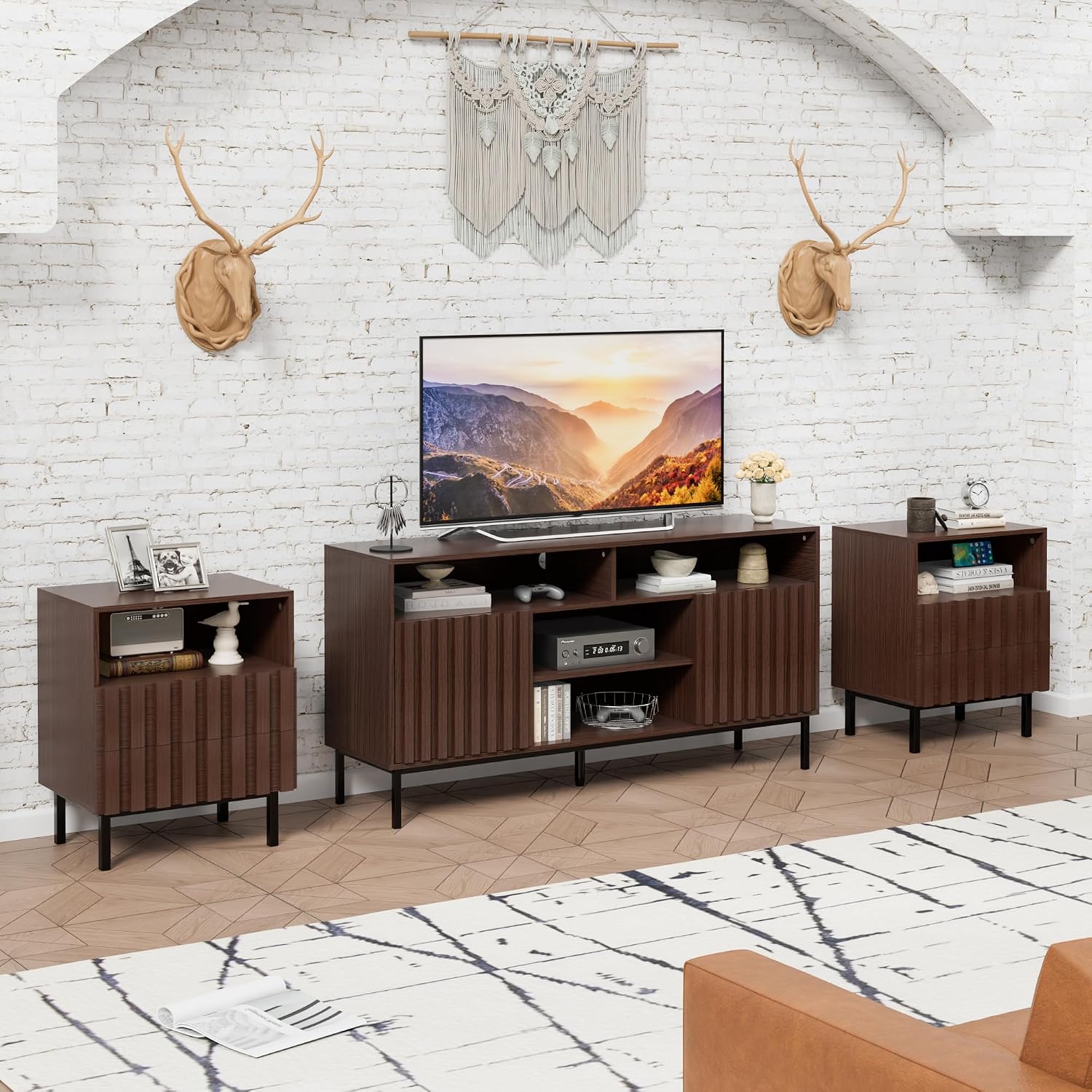 UEV Mid Century Modern 3-Piece Living Room Set, Includes Fluted Panels TV Stand with Storage for Up to 65 inch TV, 2 Drawer Open Shelf End Tables