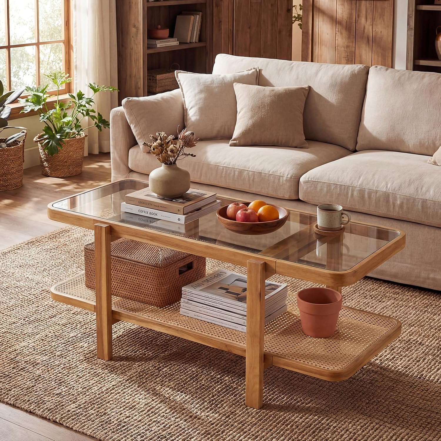 GOFLAME Rattan Coffee Table, 47.5' Solid Wood Center Table with Tempered Glass Top & Rattan Storage Shelf, Rectangular, Farmhouse, Boho, 2-Tier Mid Century Modern Tea Table for Living Room (Oak)