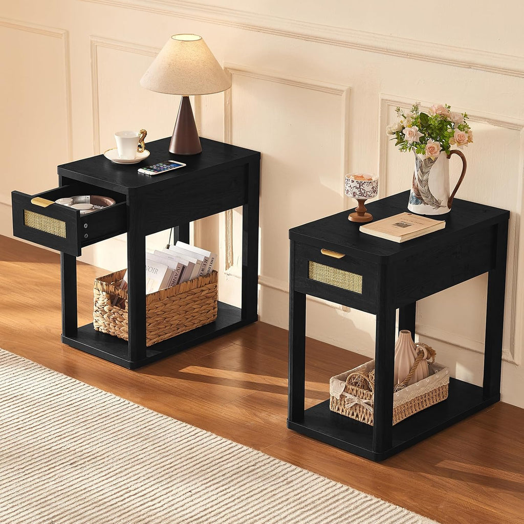 LEYAOYAO Narrow Side Table Set of 2, 24'' Night Stand with Charging Station, Rattan Nightstand with Drawer Storage, Bedside End Table with Small Spaces, Wood Boho Nightstand for Living Room Bedroom
