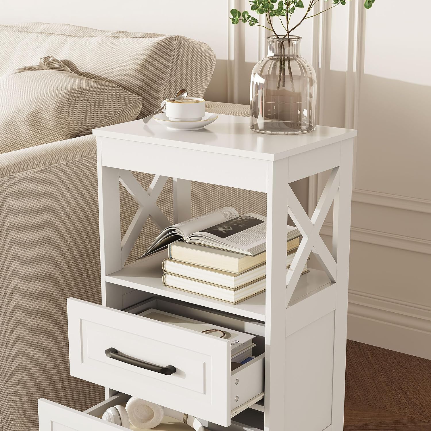 Tall Nightstand Set of 2 Side Table with 2 Drawers Modern Night Stand Wooden End Table Bedside Table with Upper Open Shelf Solid Feet for Bedroom, White