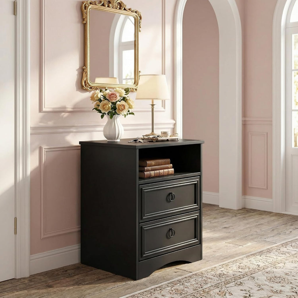 HolliWill Set of 2 Large Night Stand with Drawers, 17.7' W Nightstand with 2 Drawers, Accent Bed Side Table and End Table with Large Open Storage for Bedroom, Living Room,Black