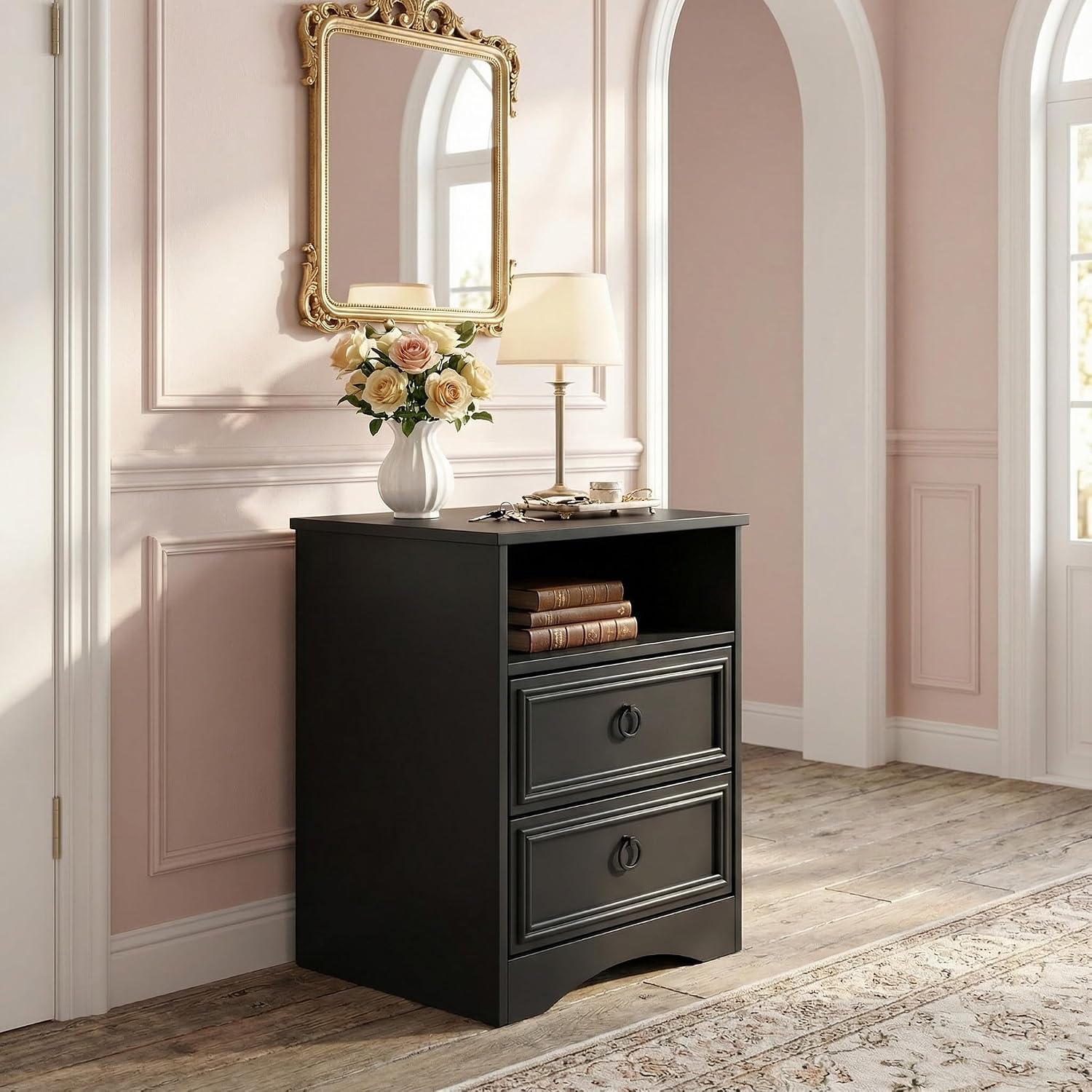HolliWill Set of 2 Large Night Stand with Drawers, 17.7' W Nightstand with 2 Drawers, Accent Bed Side Table and End Table with Large Open Storage for Bedroom, Living Room,Black