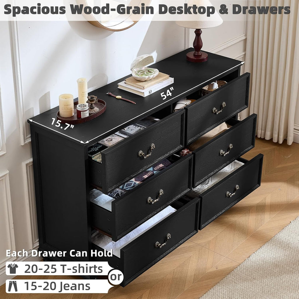 Joaxswe Farmhouse 6 Drawers Dresser for Bedroom, Vintage 54' Wide Chest of Drawers w/ 4 Wooden Legs, Rustic Large Closet Storage Dressers Organizer for Hallway, Wood TV Stand for Living Room, Black