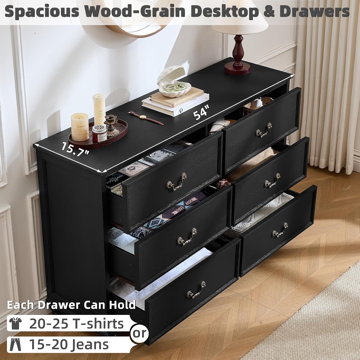 Joaxswe Farmhouse 6 Drawers Dresser for Bedroom, Vintage 54' Wide Chest of Drawers w/ 4 Wooden Legs, Rustic Large Closet Storage Dressers Organizer for Hallway, Wood TV Stand for Living Room, Black